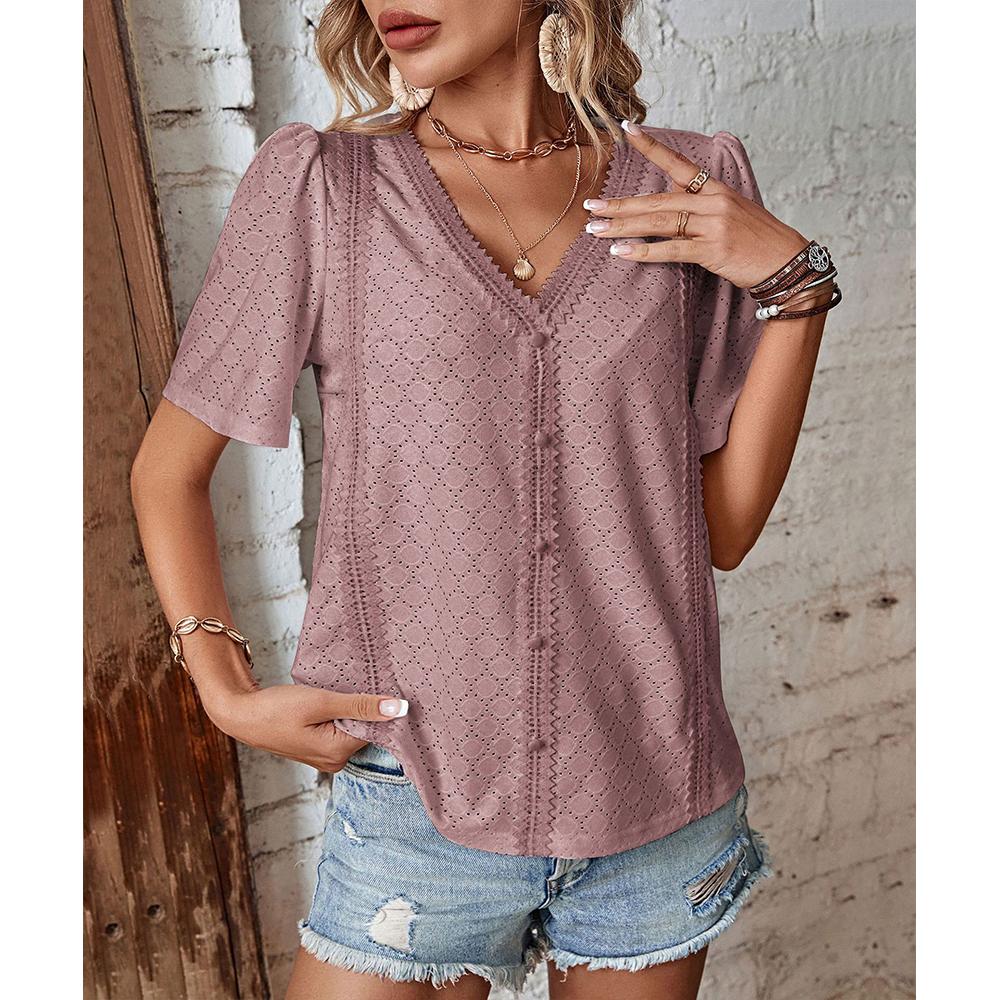Dressy Summer Eyelet Tops for Women Short Sleeve Lace V Neck Tunic Blouse Loose Button Up Casual Tee Shirts