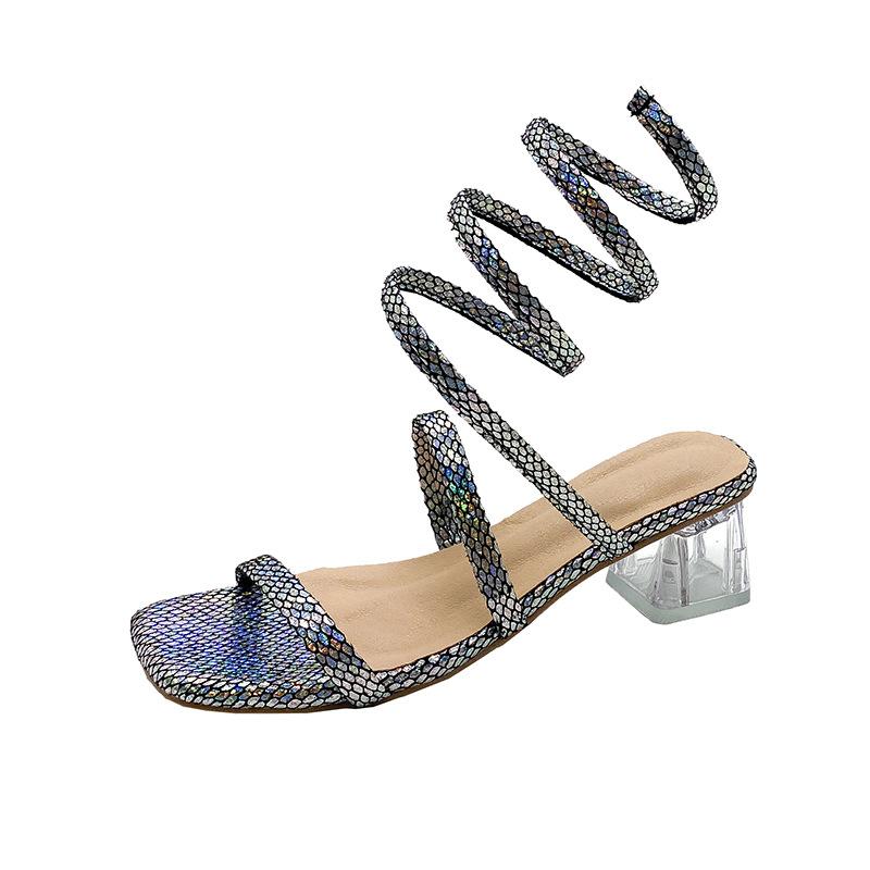 Summer Sandals Female New Fairy Style Versatile Korean Version Fashion Rhinestone Thick Heel Snake-shaped Winding Roman Sandals