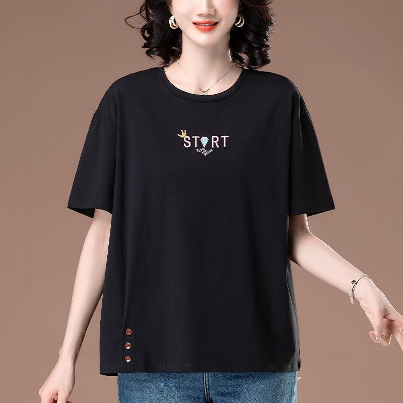 Damski letni bawełniany T-shirt z haftem, o luźnym kroju, plus size, z krótkim rękawem, styl 6313