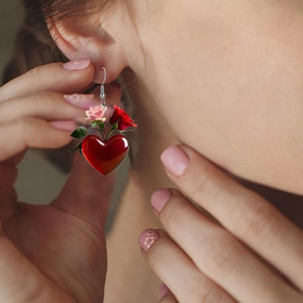 New Sweet Romantic Simulation Pink Red Rose Flowers Heart-shaped Acrylic Dangle Earrings for Women Valentine's Day Jewelry Gifts