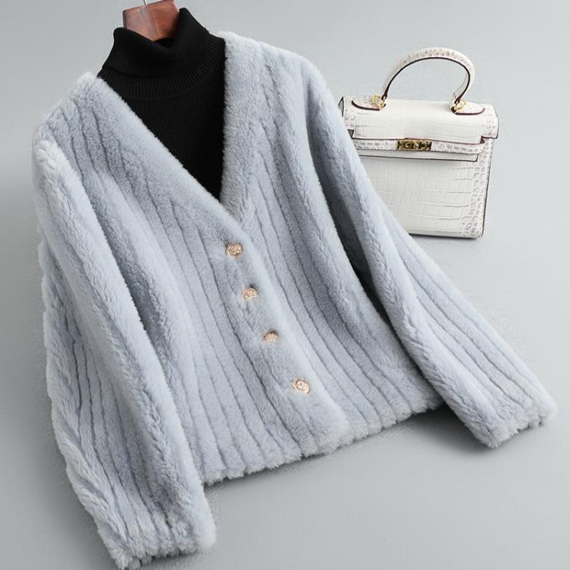 New Sheep Cut Fleece Short Fur Youth Collar Lamb Coat Fur V Winter Coat Cut Fleece One Piece Casual Women