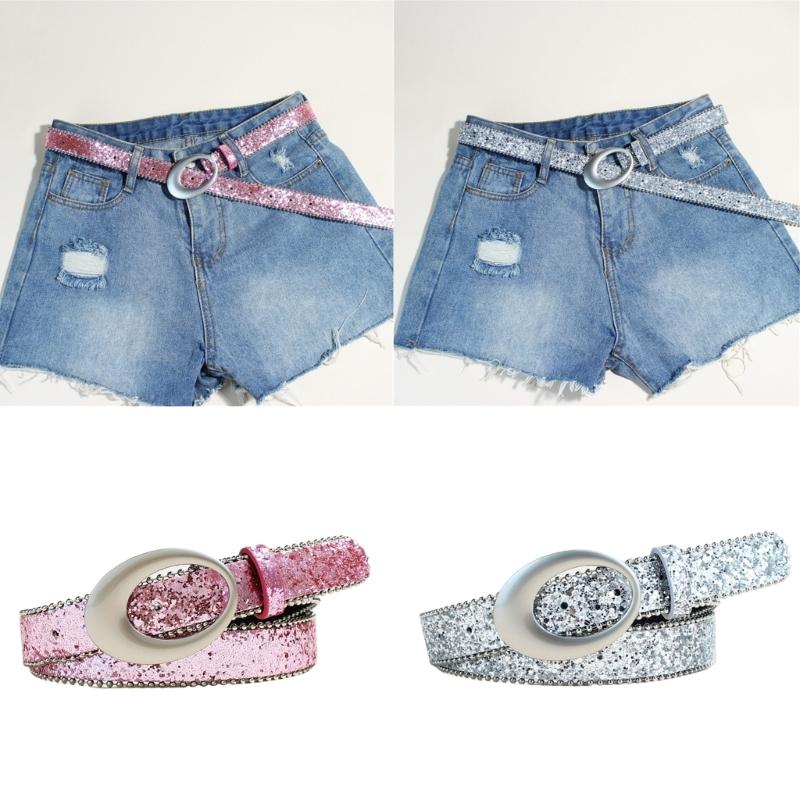 Women's Glitter Rhinestones Studded PU Belt Adjustable Waistband For Jeans Casual Party Wear