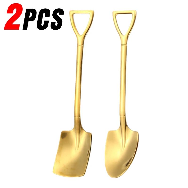 Stainless Steel Shovel Spoon Creative Gold Silver Coffee Spoons Ice Cream Dessert Scoops Teaspoon Kitchen Tableware Cutlery Sets