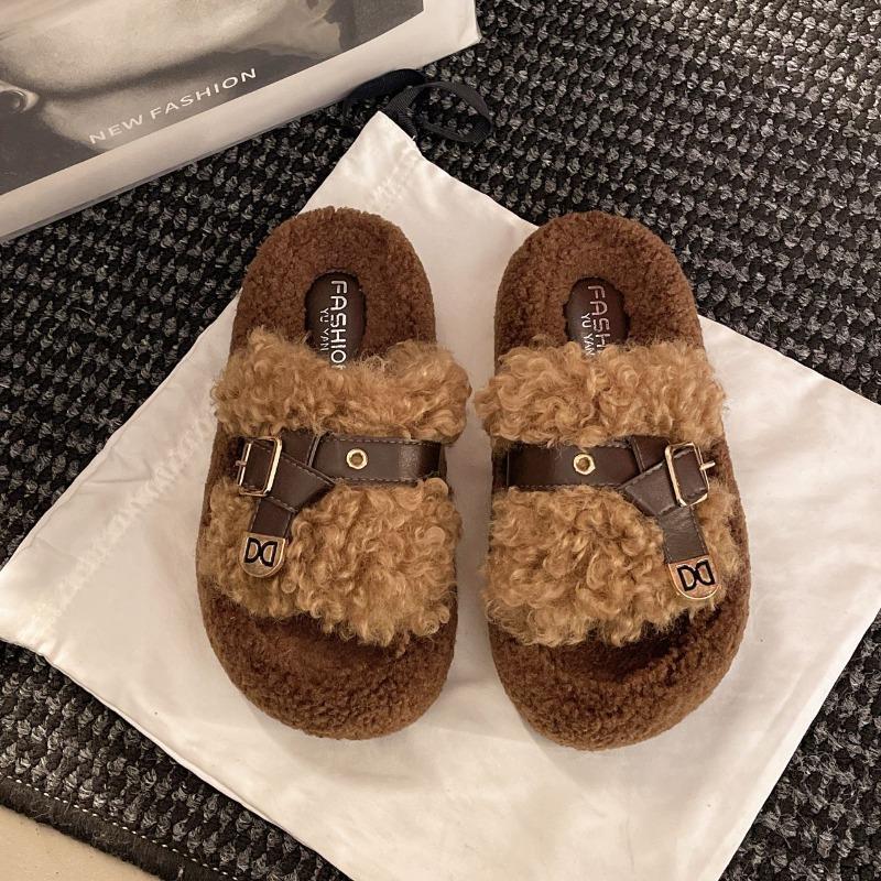 

Thick-bottomed fluffy slippers for women s outer wear autumn new fashion belt buckle lazy casual teddy curly hair drag girl 41 хакі