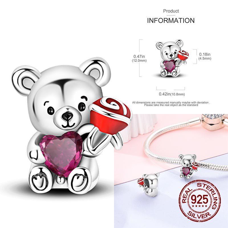 Real Copper Princess Pink Bear Bead Blue Rose Red Bears Pendant Charms Fit Bracelet Neckalce Diy Bithday Gift
