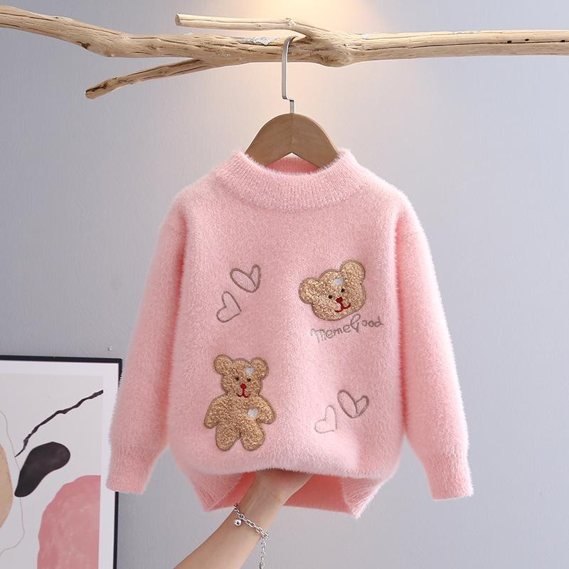 Korean Style Cartoon Bear Print Knitted Sweater Kids Girl Kawaii Harajuku Long Sleeve Winter Love Jumper for Girls