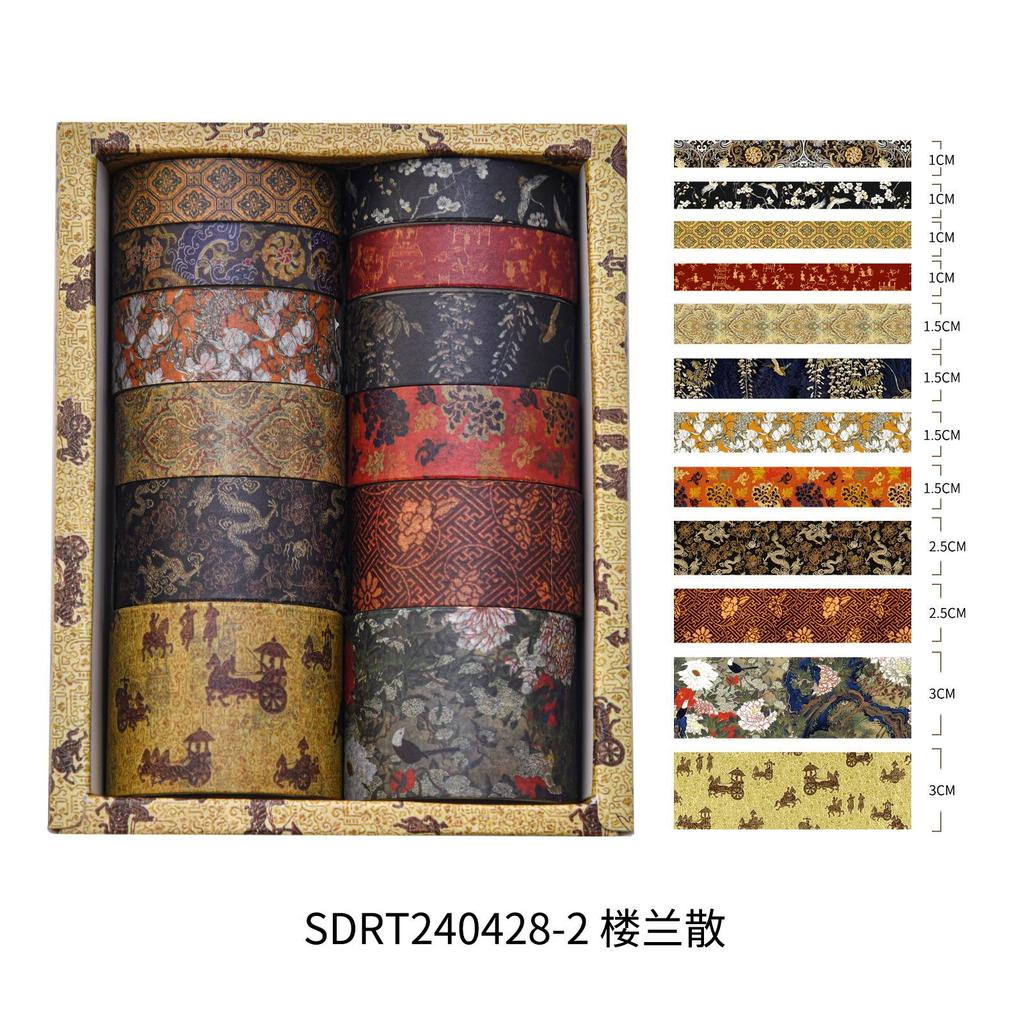12 rolls/box Retro Landscape Washi Tape Creative Floral Mountain Crane Design Sticker Rolls Scrapbook Gift Wrapping