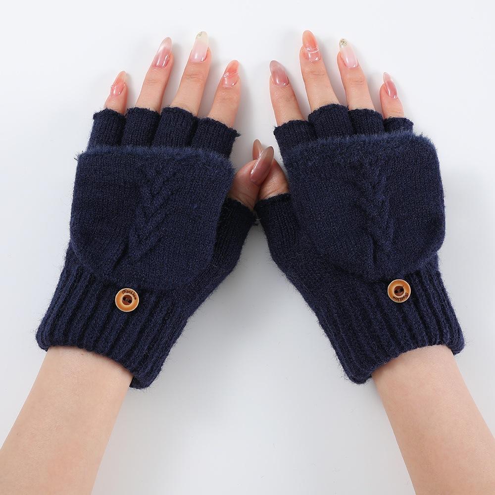 1 Pair Autumn Winter Warm Wool Knitted Gloves for Women Girls Thickened Flip Half-finger Gloves Mitten