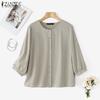 ZANZEA Women Casual Round Neck Summer 3/4 Sleeve Cotton Blouse