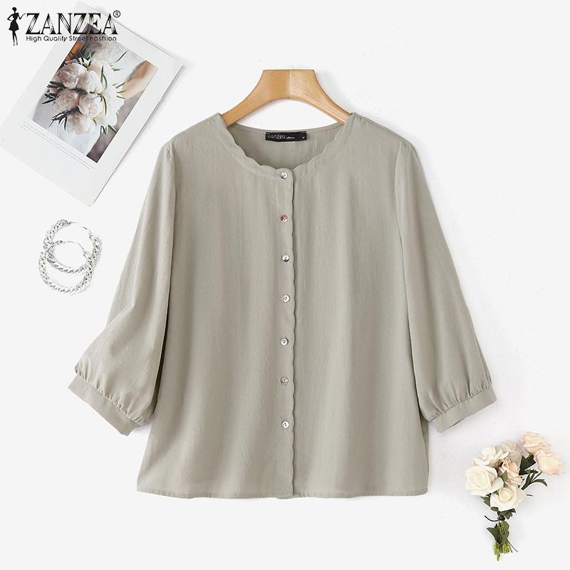 ZANZEA Women Casual Round Neck Summer 3/4 Sleeve Cotton Blouse