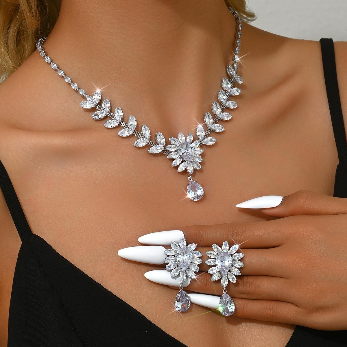 

Sweet and lovely zircon flower wheat ear necklace earrings, bride s wedding dress, banquet party jewelry, jewelry set