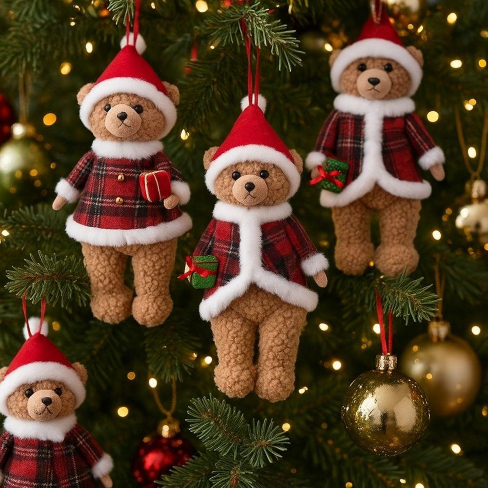 Cartoon Christmas Bear Pendant Cute Handmade Bear Hanging Ornaments with Hat Plush Animals Doll Toy Christmas Holiday Party