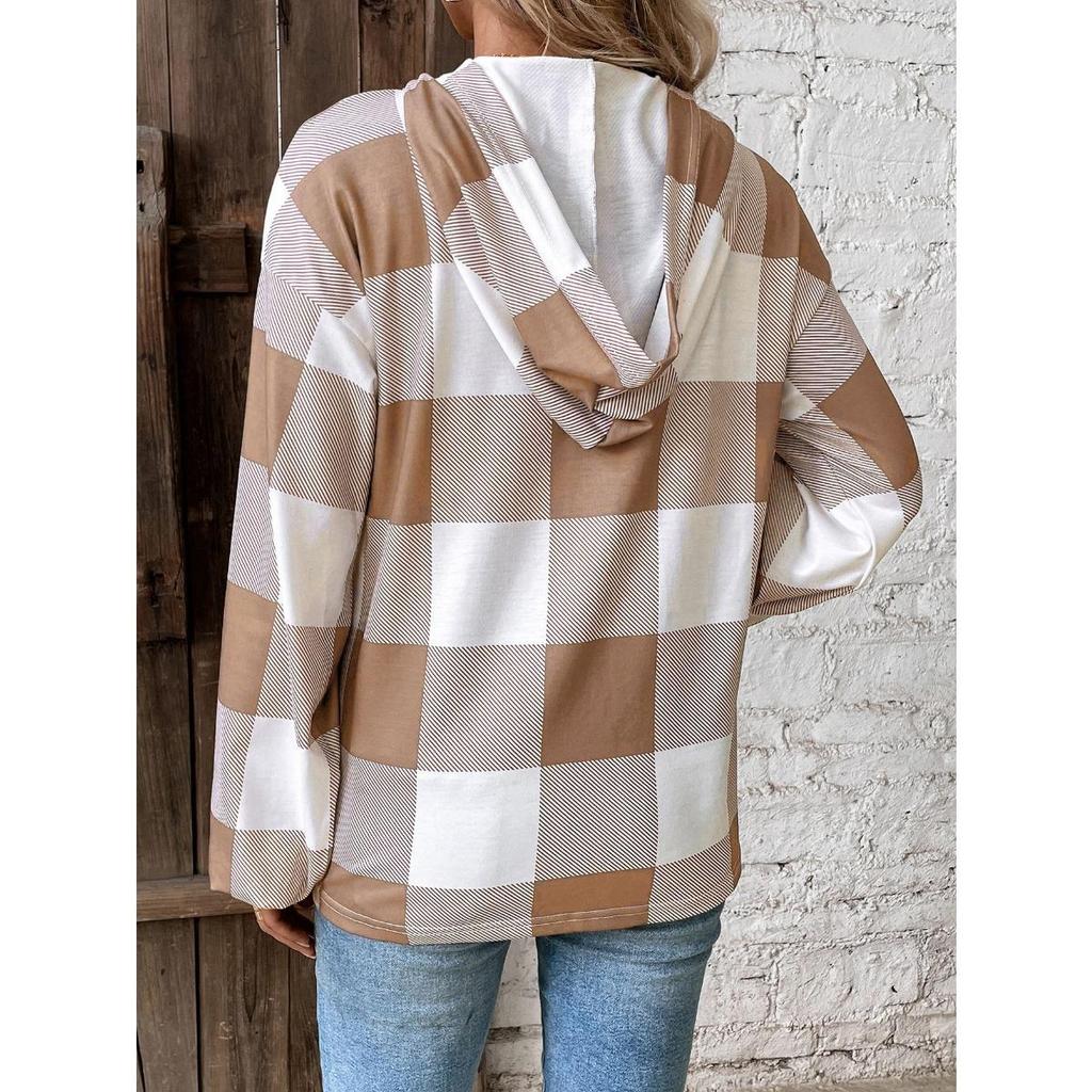 New Women's Oversized Hooded Plaid Print Casual Sweatshirt Long Sleeve Autumn Winter Button