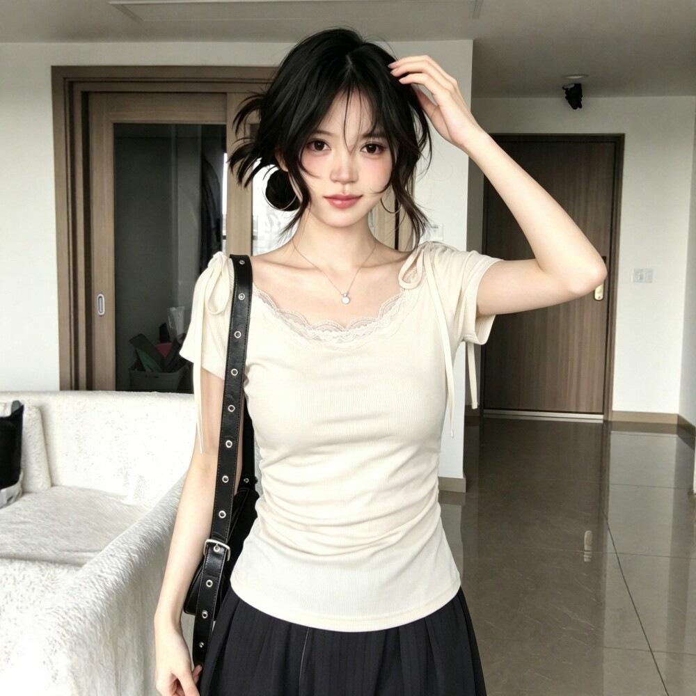 [Grazhi Refined Cotton] Spice Girl Style Strap Short Sleeve T-Shirt Women's Summer Lace Splicing Slim Skinny Top