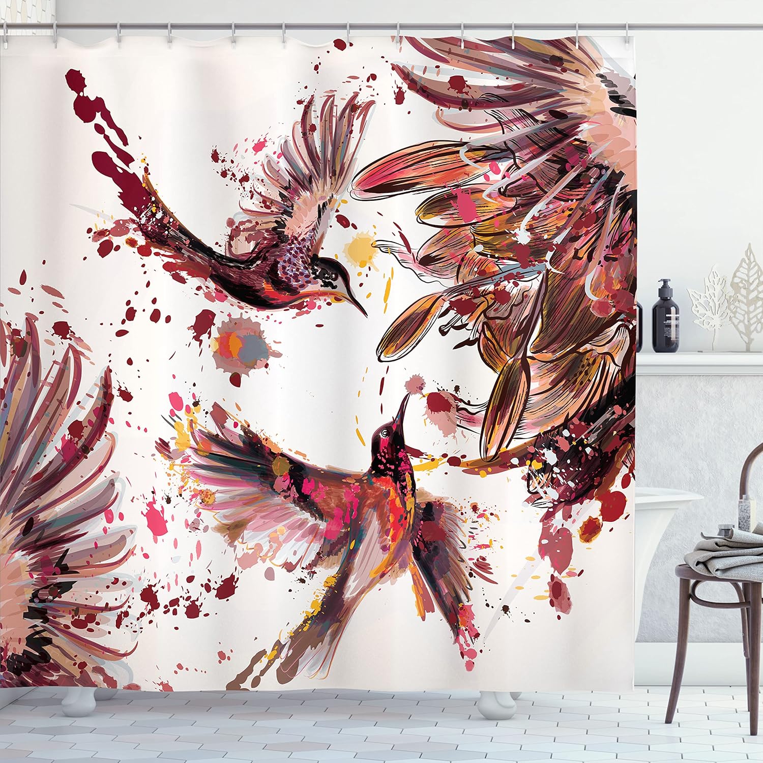 

Abstract Hummingbird Shower Curtain Watercolor Art Bathroom Decor Colorful Birds Pattern Nature Inspired Modern Design Bath Set W60H190(CM)-1 Pcs