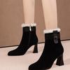 Pointed thick heel short boots women's winter matte short tube thickened high heel Martin boots warm hairy boots women's boots