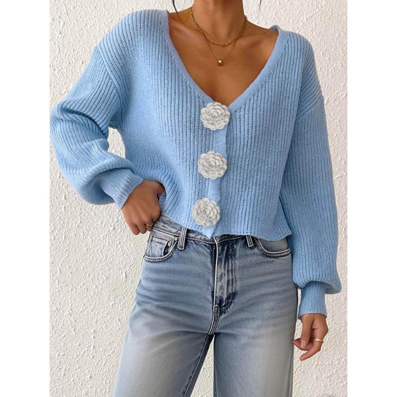 Women S Knitted Cardigan Sweater Streetwear Short Top With Crochet Buttons