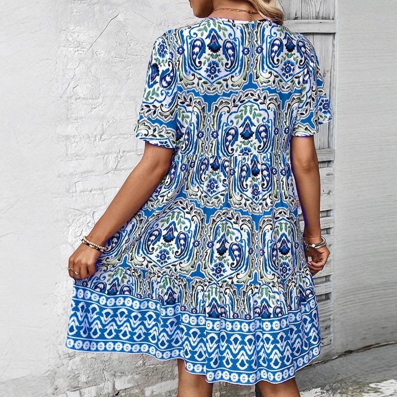 Frühling V-Ausschnitt Bedruckte Spitze Patchwork Lässige Freizeitkleider im Urlaubsstil