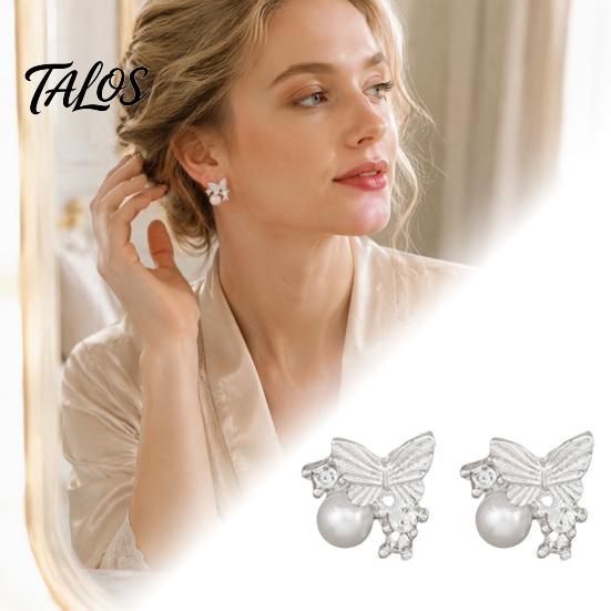 Versatile Alloy Earrings 1 Pair Butterfly Stud for Women, Sparkly Rhinestone Faux Pearl French Style Earrings, Glitter Cubic Zirconia Jewelry