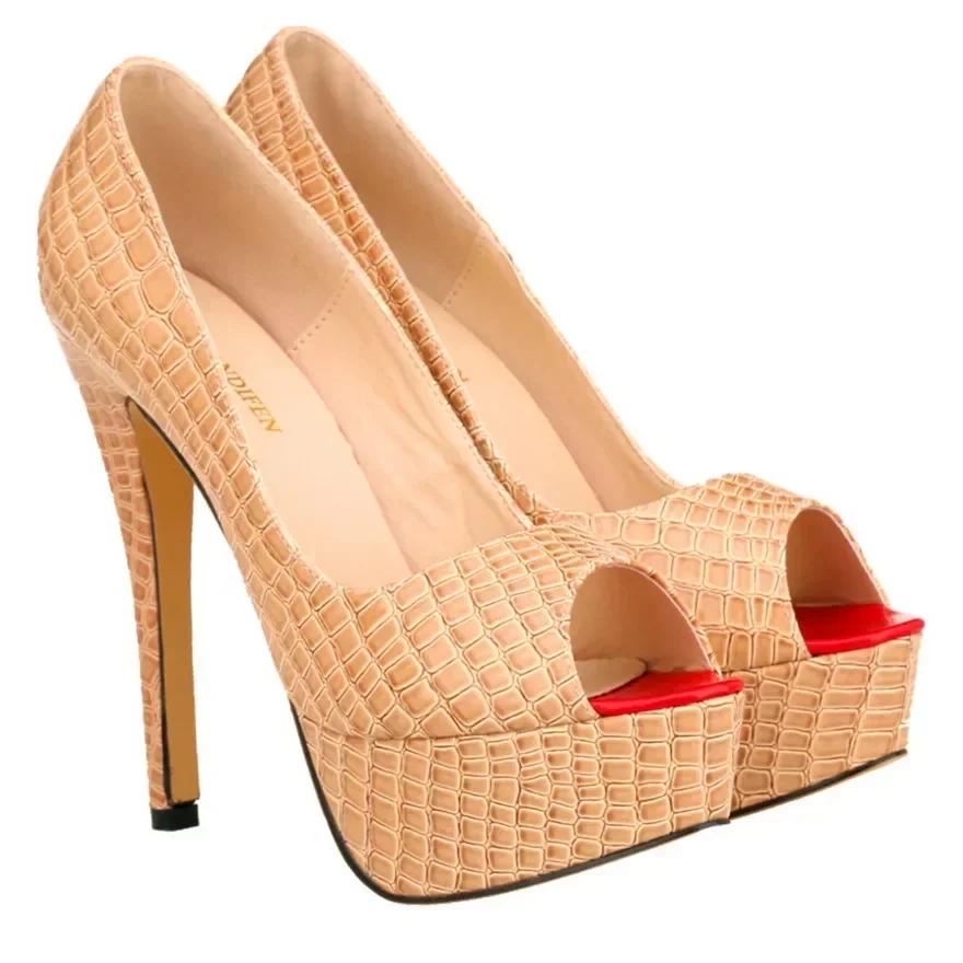Women Sandals Pumps 14cm Sexy Peep Toe Platform High Heels Crocodile Pattern Shallow Party Stilettos Female Red Wedding Shoes