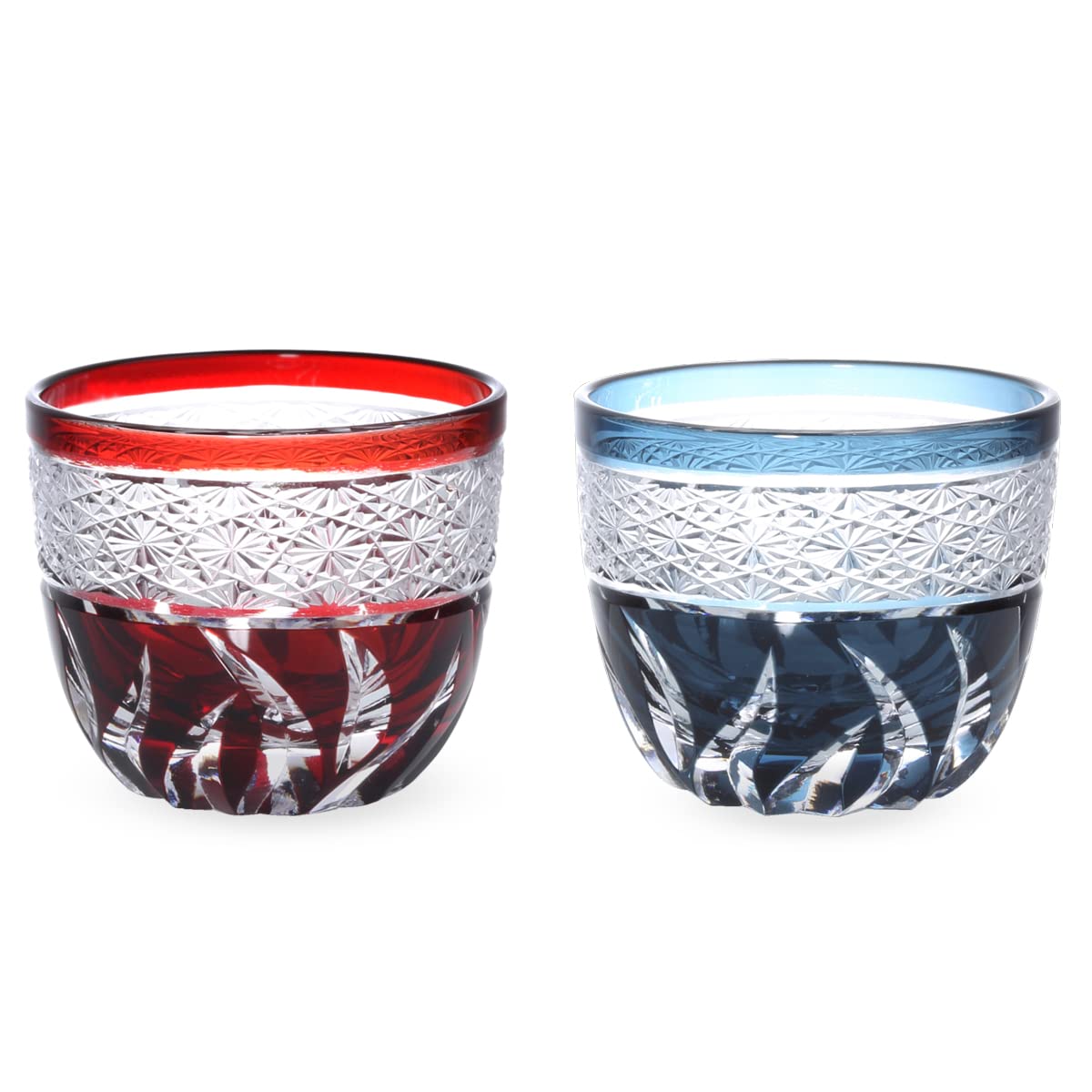 

J-kitchens Nostalgia Kiriko Pair of Glasses for Cold Sake, Diameter 60mm x Height 50mm, 70cc, Obi-shibori Pattern, Red & Ink Blue, Bisho Current Model