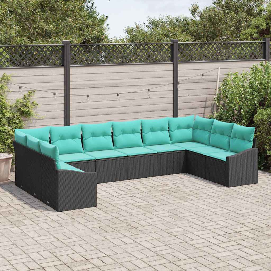 10 Piece Sofa Set with Cushions Black Poly Rattan