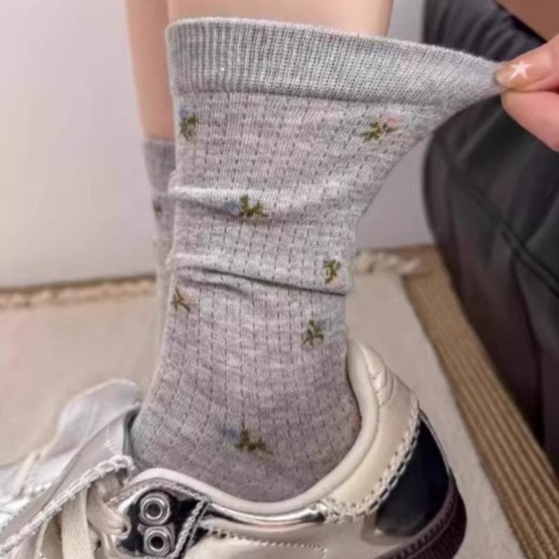 Spring Summer Thin Mesh Floral Socks Women Mid Calf Breathable Moisture Wicking Anti Odor Japanese Stacking Cotton Stockings