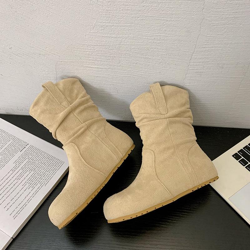 

Queen Fan Retro Flat Bottom Inner Height Increasing Versatile Short Boots Women s Summer 2025 New Skinny Western Pile Boots 35 бежевый