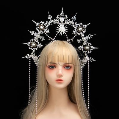 Silver Gothic KC Halo Crown Headpiece Lolita Sun Goddess Queen Baroque Tiara Halloween Headband Hair Accessories
