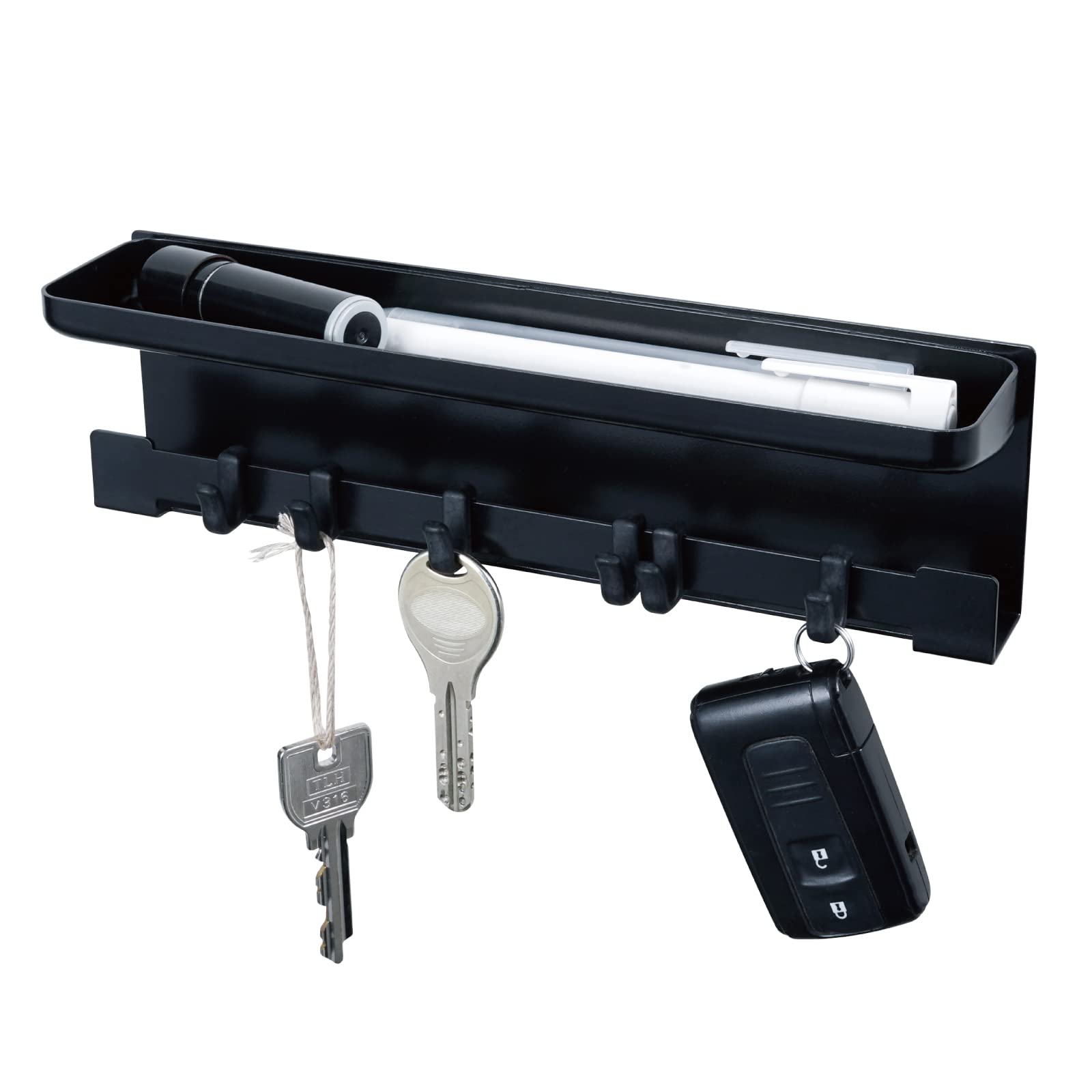 

Carl Office Magnetic Key Hanger with Tray, Adjustable Hooks, Steel, Black, Holds 6 Keys, KH-001-K