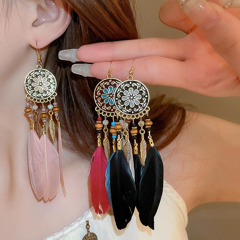 Bohemian Feather Tassel Earrings - Vintage Ethnic Style, High-End Niche Design for Women