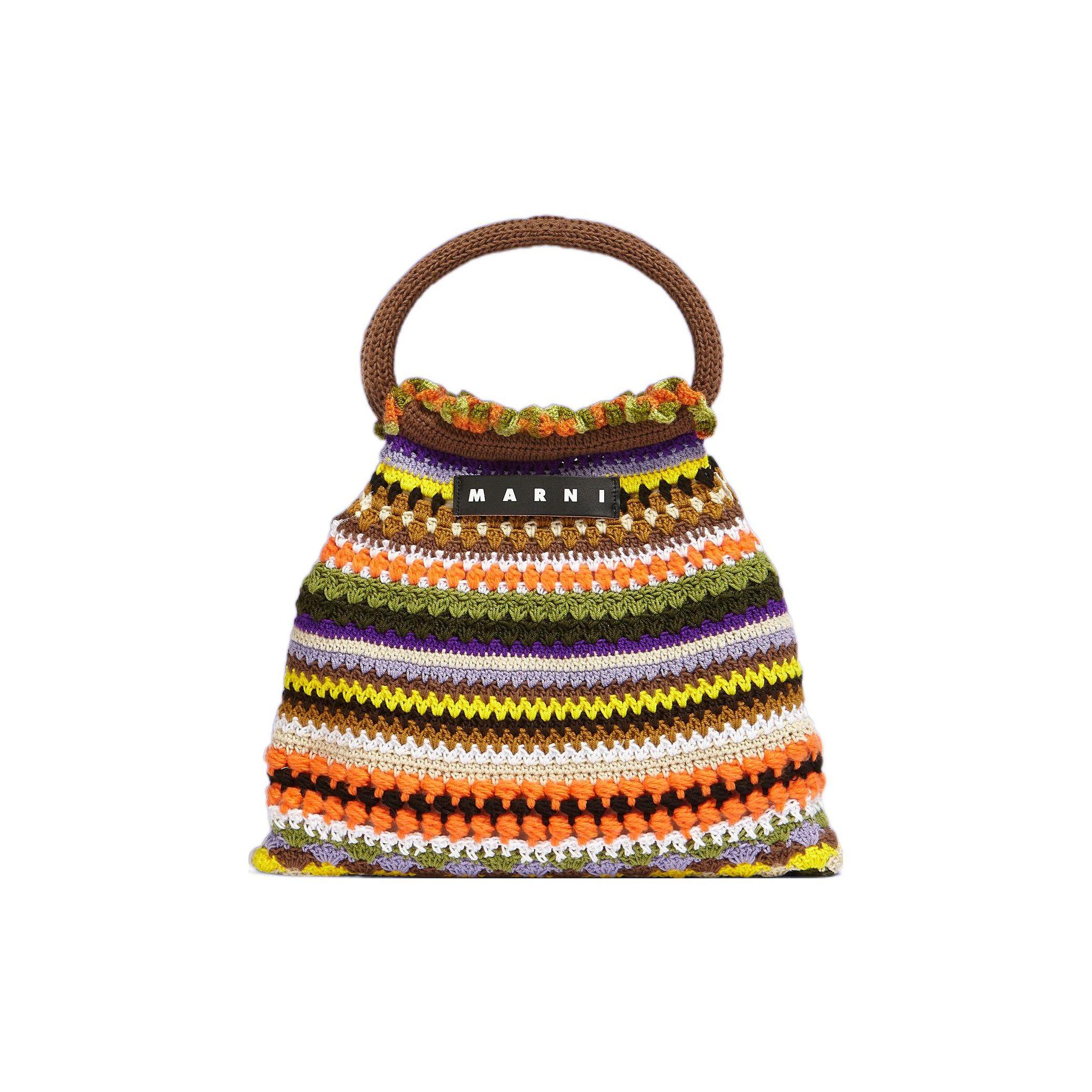 Marni Market Striped Pattern Crochet Leather Tote Bag Women handbags Multicolor BOMH006Q0FW305STV48 Basic Set (Bag+Dust Bag)
