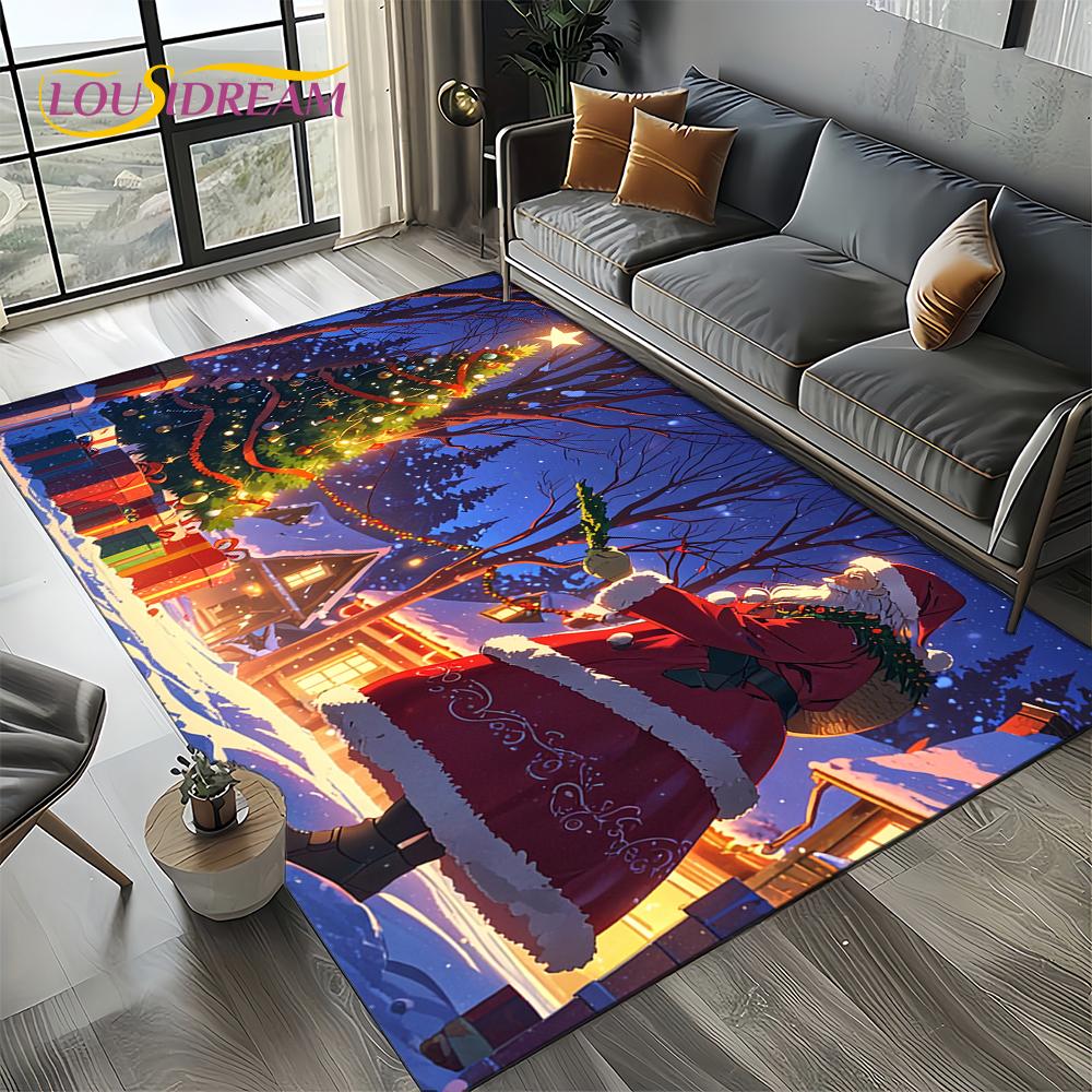 2025 Merry Christmas Tree Santa Claus,New Year Fairy Tale Gift Carpet Rug for Home Bedroom Sofa Doormat Decor,Non-slip Floor Mat