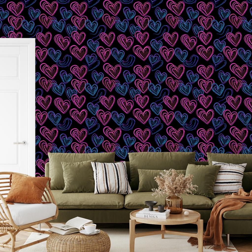 Neon Glitter Hearts Wallpaper Black and Navy Blue 50x1000