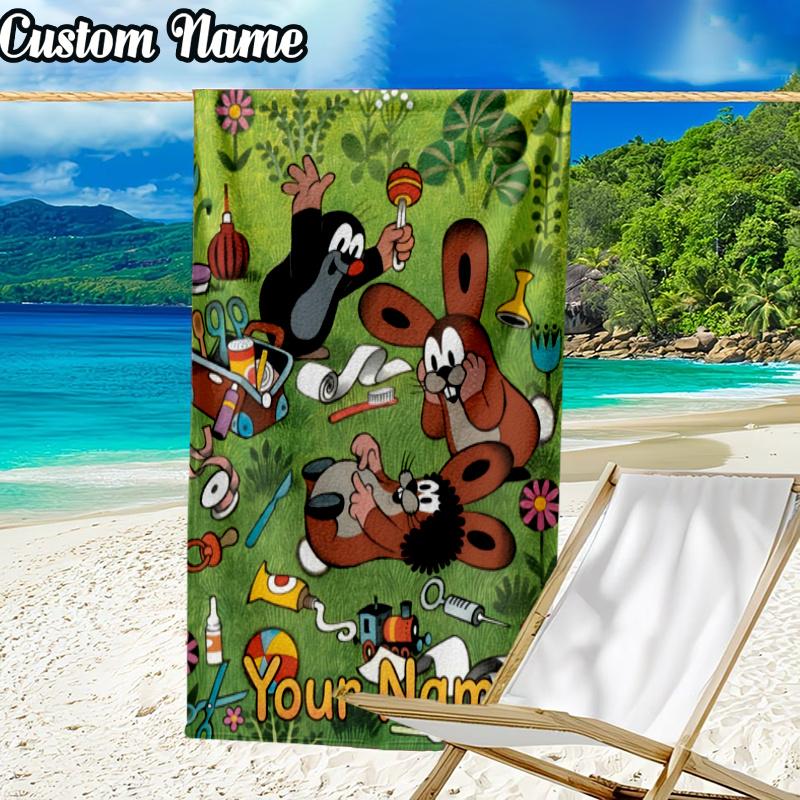 Custom Name Little Mole Beach Towel - Soft, Ultra-Absorbent Microfiber, Lightweight, Perfect for Beach, Parties, Travel, Camping