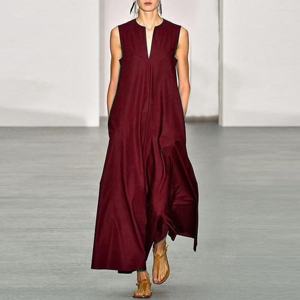 Fashion Deep V Neck Solid Color Sleeveless Long Dress Comfortable Breathable High Recognition Elegant Slimming Flattering Fit