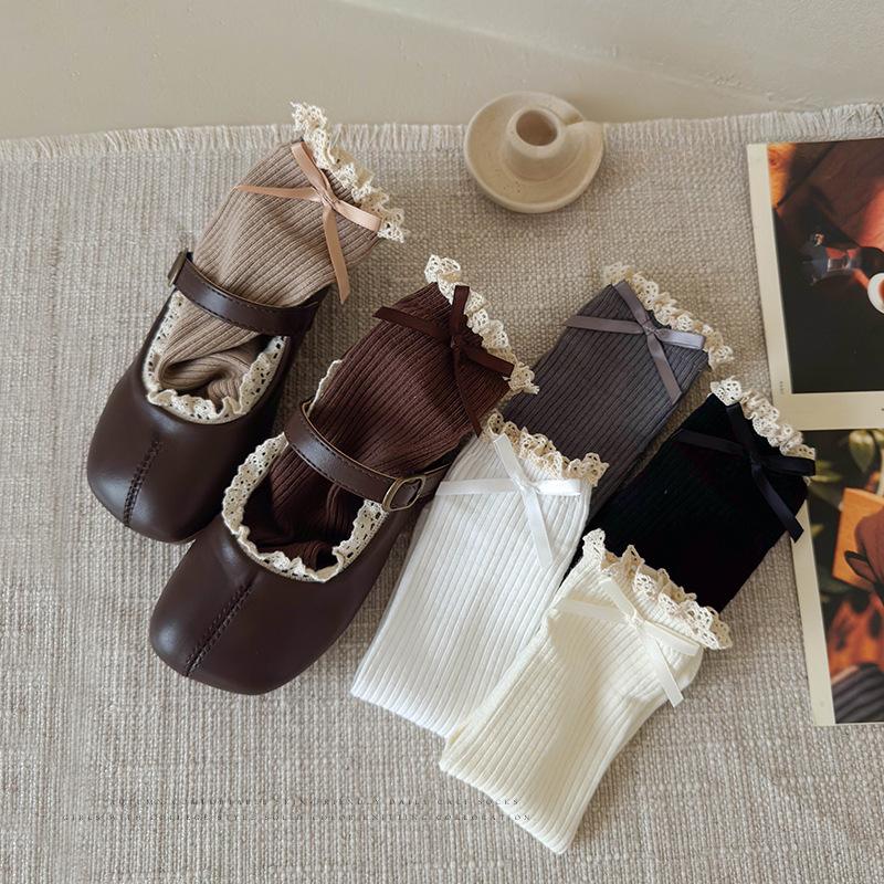Księżniczka Urocza Młodsza Dziecięca Skarpetka dla Dziewczynki Retro Koronka Falbanka Kokarda Podkolanówka dla Dzieci Wiosna Jesień Miękka Bawełna Frotte Skarpetka Szkolna