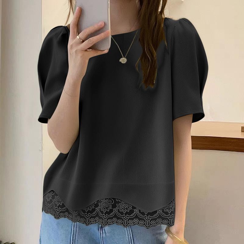 

ZANZEA Женская повседневная блузка с круглым вырезом, короткими рукавами и кружевной вставкой