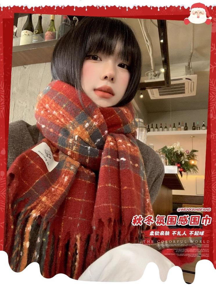 Christmas and New Year's red plaid imitation cashmere scarf women's new winter high-end warm wool scarf