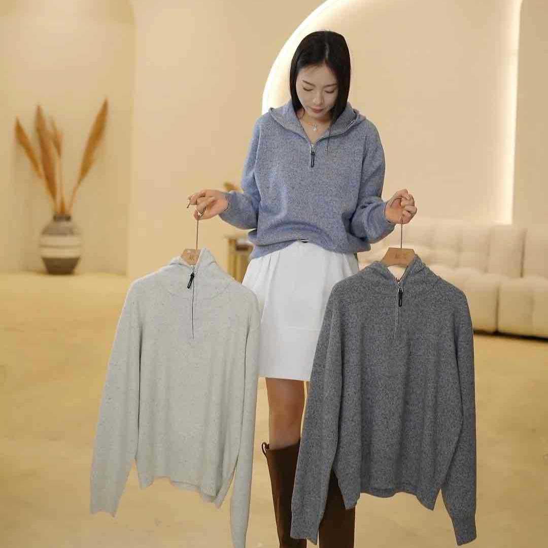 Polka Dot Hooded Half-Zip Knitwear, Long Sleeve One Size