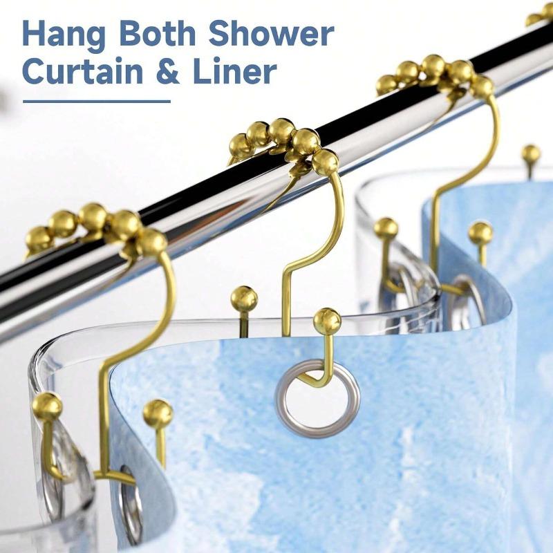 Gold Color Shower Curtain Hooks With Sliding Rolling Balls For Durability, Waterproof And Rustproof, Decorative Bath Curtain Double Hooks