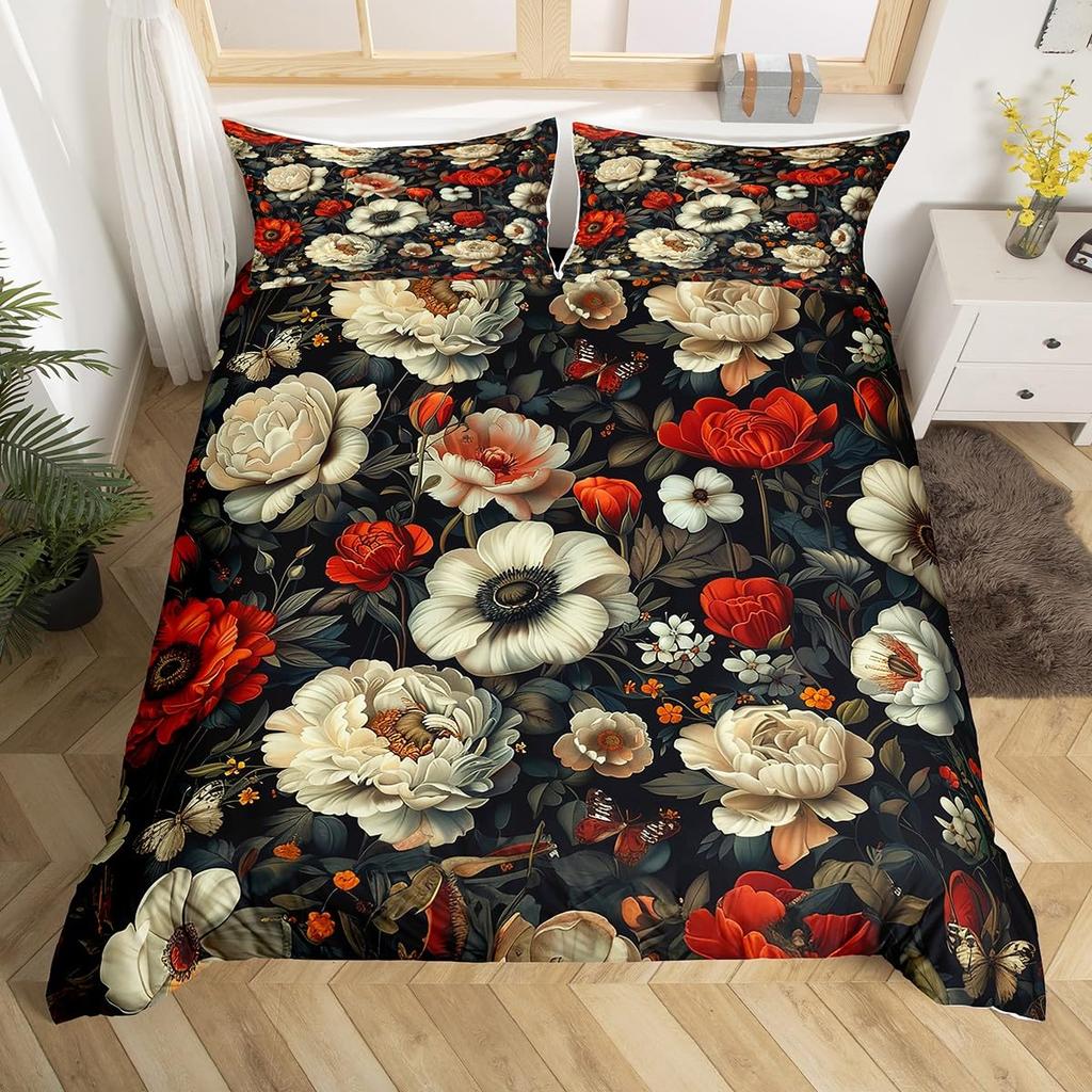 Comforter Peony Groovy Flower Floral Vintage Victorian Botanical Bedding Set Garden Petals Pastoral Plant Bed Set