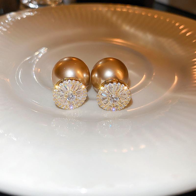 Real Gold Electroplated Silver Needle Freshwater Pearl Flower Earrings High-end Earrings French Light Luxury Elegant Earrings Women