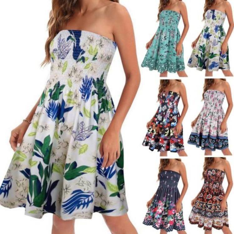 Summer Off Shoulder Dress Women Sleeveless Backless Bohemian Floral Printed A-line Elastic Bust Knee Length Beach Vacation Bandeau Dress