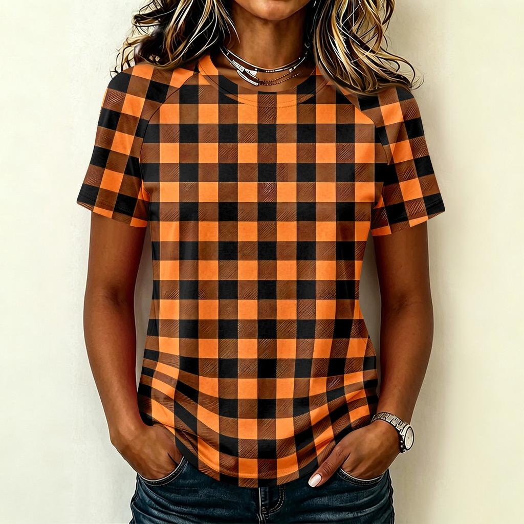 Women's Casual Raglan Sleeve Short Sleeve Top Crew Neck Checkered Print Lightweight Soft Fabric Blouse for Everyday Wear