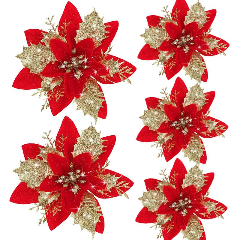 Glitter Pink Christmas Flowers Xmas Tree 14cm Artifical Flower Ornaments 2025 Merry Christmas Decoration For Home New Year