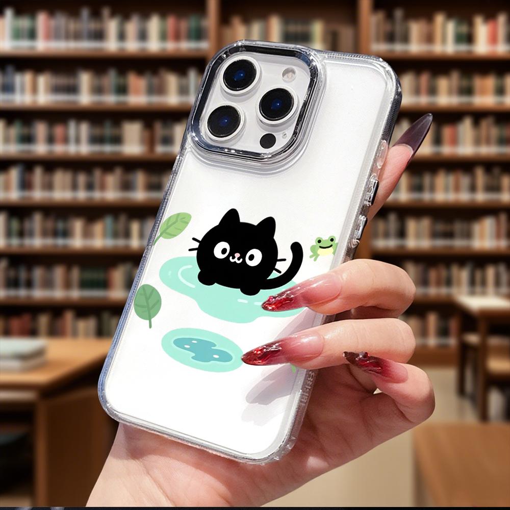 Black Cat In Puddle with Frogs Transparent Phone Case for IPhone 14 15 16 13 12 11 Pro Max 12 XS Max Anti-Scratch Soft Cover