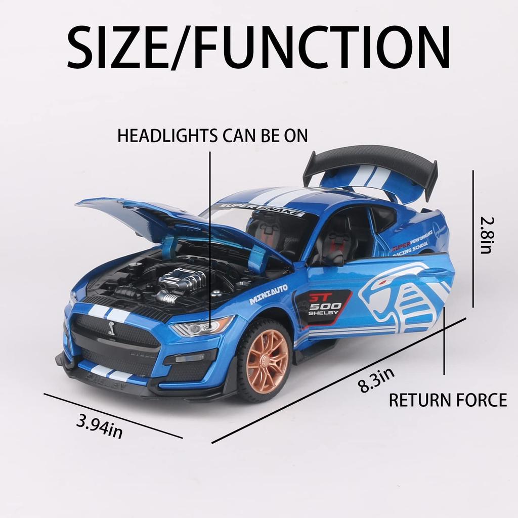 1:32 Scale Ford Mustang Shelby GT500 Alloy Pull Back Diecast Model Car with Sound and Light, Mini Simulation Vehicles Toys for Kids Boyfriend