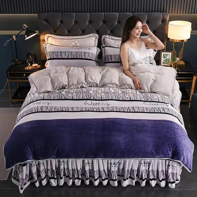 4pcs Bedding Set Fine Velvet Duvet Cover King Queen Size Thicken Quick Warm Coral Fleece Quilt Cover Bed Sheet Pillowcase