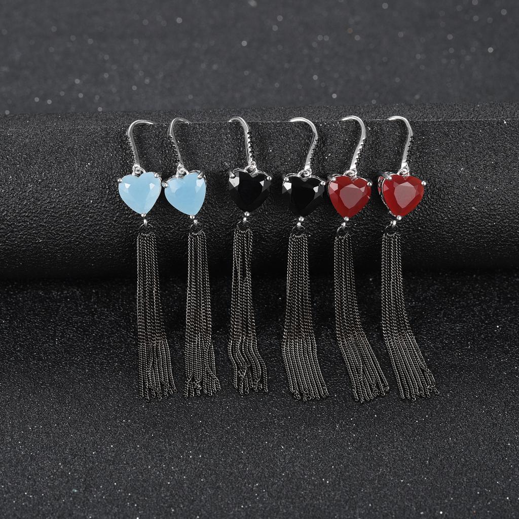 Cercei cu ciucuri de dragoste cu pietre prețioase naturale de designer original, cercei cu agat negru argintiu s925 cu design high-end